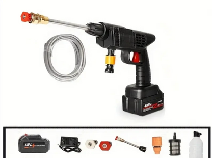 مسدس مياه لاسلكي عالي الضغط، محمول وقابل لإعادة الشحن. تصميم مدمج لسهولة التعامل، مثالي لغسيل السيارات والبستنة والتنظيف الخارجي، نفث مياه متين وفعال لجميع الأغراض