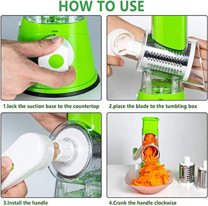 مبشرة طعام يدوية على الطاولة، 3 في 1، قطاعة تقطيع دوارة ومطحنة للخيار والمكسرات والبطاطس والجزر والجبن
