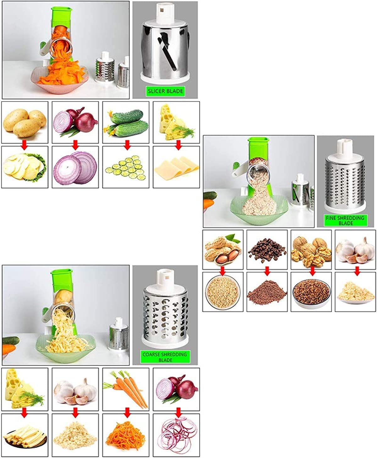 مبشرة طعام يدوية على الطاولة، 3 في 1، قطاعة تقطيع دوارة ومطحنة للخيار والمكسرات والبطاطس والجزر والجبن