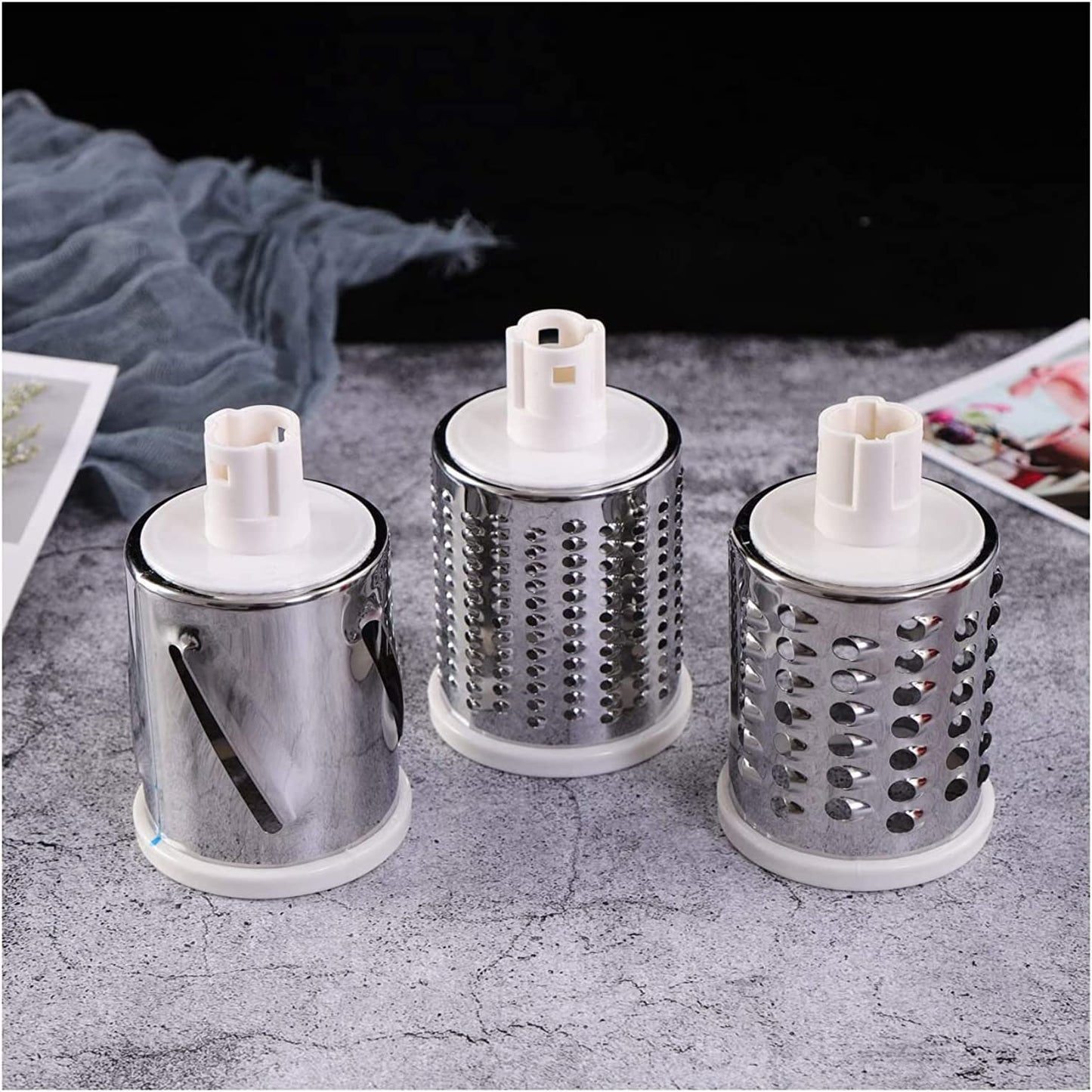 مبشرة طعام يدوية على الطاولة، 3 في 1، قطاعة تقطيع دوارة ومطحنة للخيار والمكسرات والبطاطس والجزر والجبن