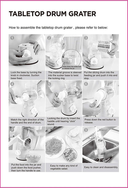 مبشرة طعام يدوية على الطاولة، 3 في 1، قطاعة تقطيع دوارة ومطحنة للخيار والمكسرات والبطاطس والجزر والجبن